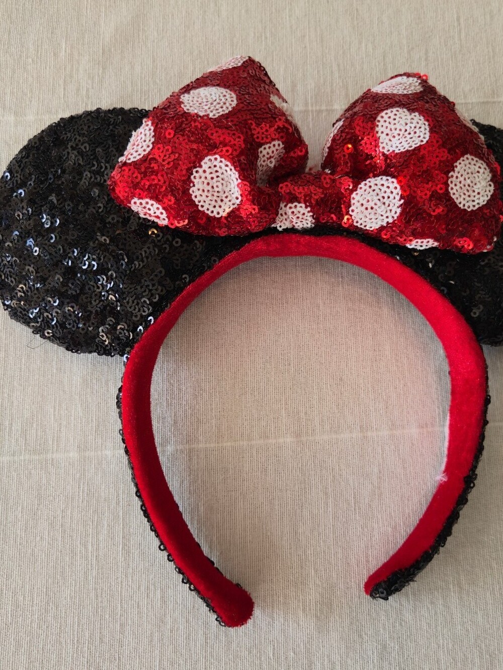 Sequin Minnie Mouse Ears Headband with Red Polka Dot Bow